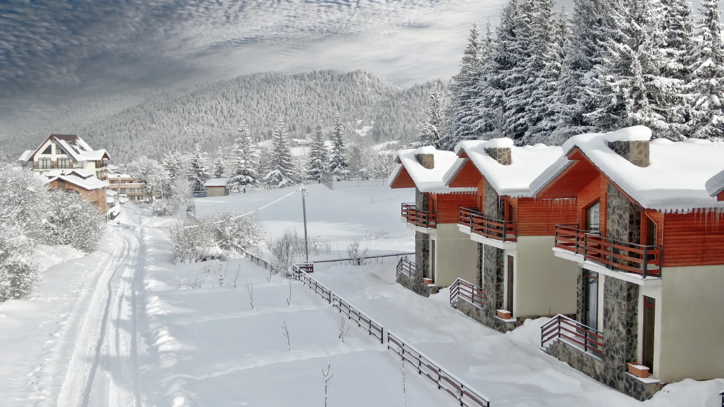 Villa Mtashi winter exterior in the snowy Bakuriani landscape
